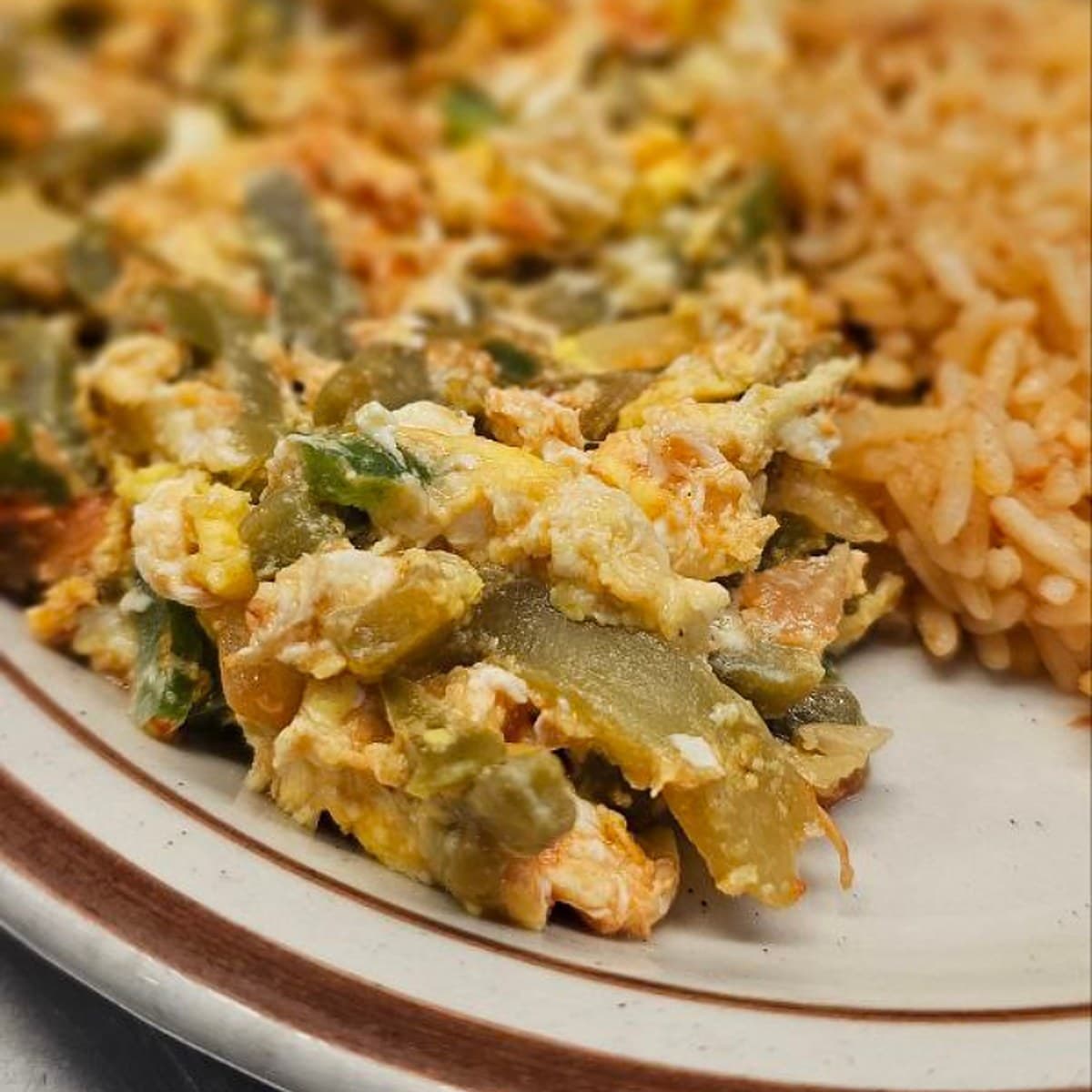 Tender Cactus — strips of nopales scrambled with eggs, tomato, onion and pepper, served with rice